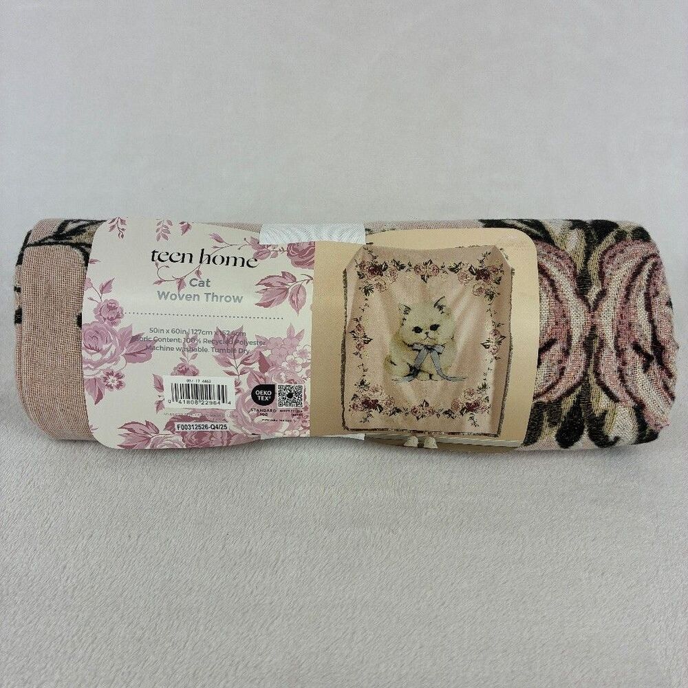 Teen Home Cat Woven Throw Blanket 50x60 Dusty Rose Floral Cottagecore NEW